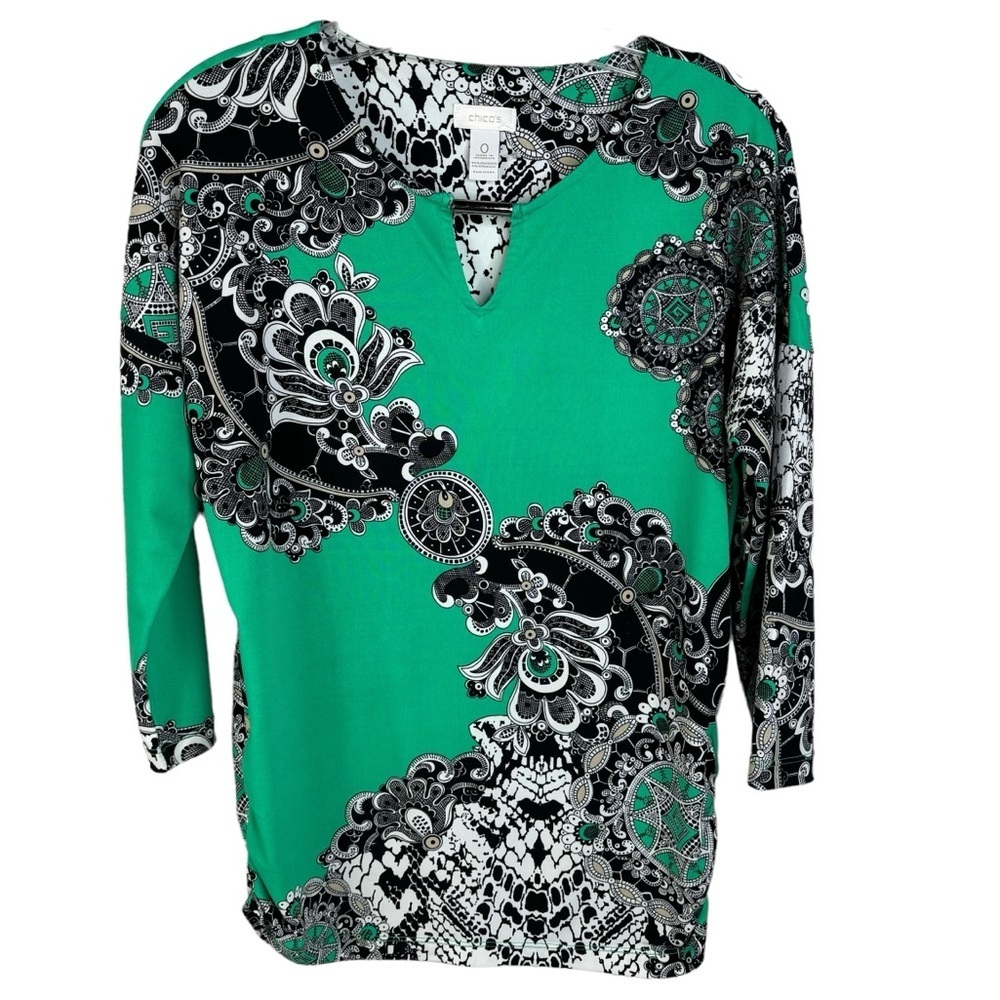 Chico's Helena Top Vivid Green 3/4 Sleeve Blouse Keyhole Neck Size Small 2-4